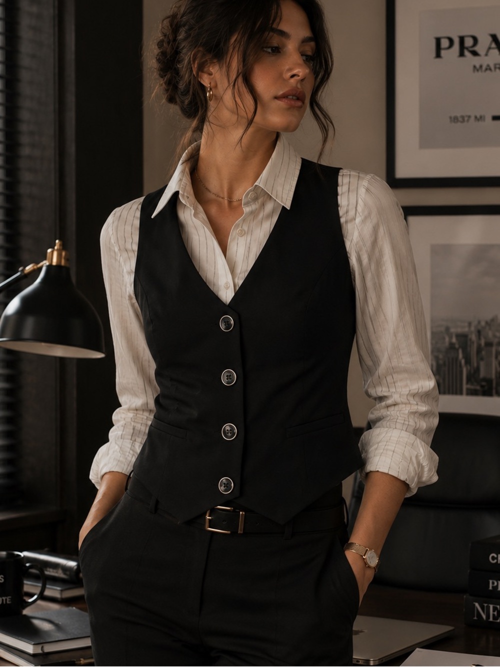 SPACEGIRLZ Tailored Black Button Front Office Siren Pleated Vest Size M